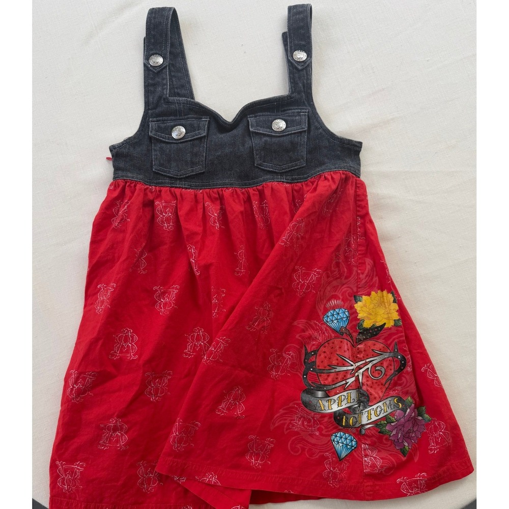 Apple Bottoms Kids‎ Red Denim Jumper Dress Glitter Logo Graphic Size M Y2K